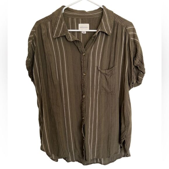 American Eagle Outfitters Green Button Down Blouse Flowy Green Striped M - Picture 2 of 6